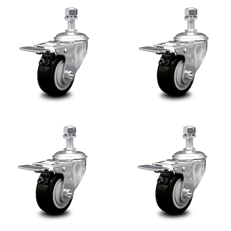 Service Caster 3.5 Inch Black Polyurethane Swivel 1/2 Inch Stem Caster Set with Total Lock Brake SCC-TSTTL20S3514-PPUB-BLK-121315-4